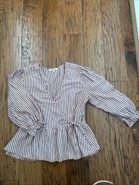 Madewell Striped Wrap Peplum Blouse in Mauve Tones, Sz Small